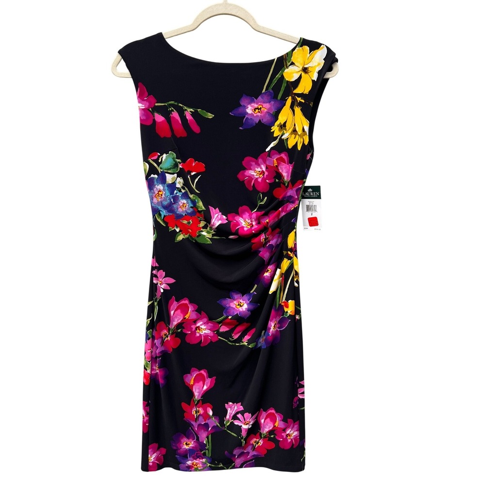 NWT Lauren Ralph Lauren Floral Ruched Sheath Dress Stretchy‎ Black 2 XS 90's Y2K